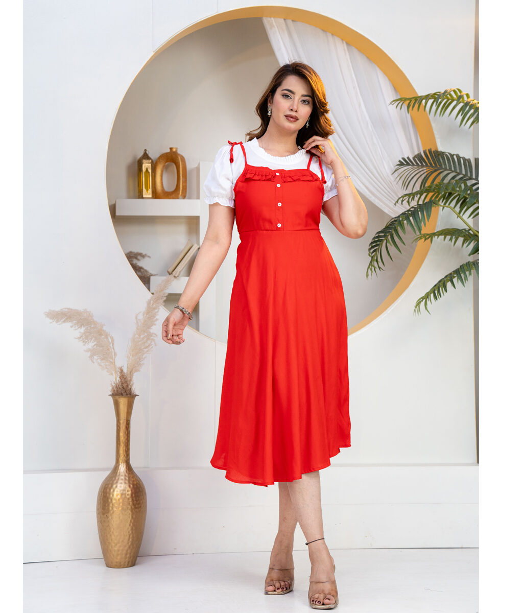 Stylish Red Dungaree Dress for Women with Inner Top