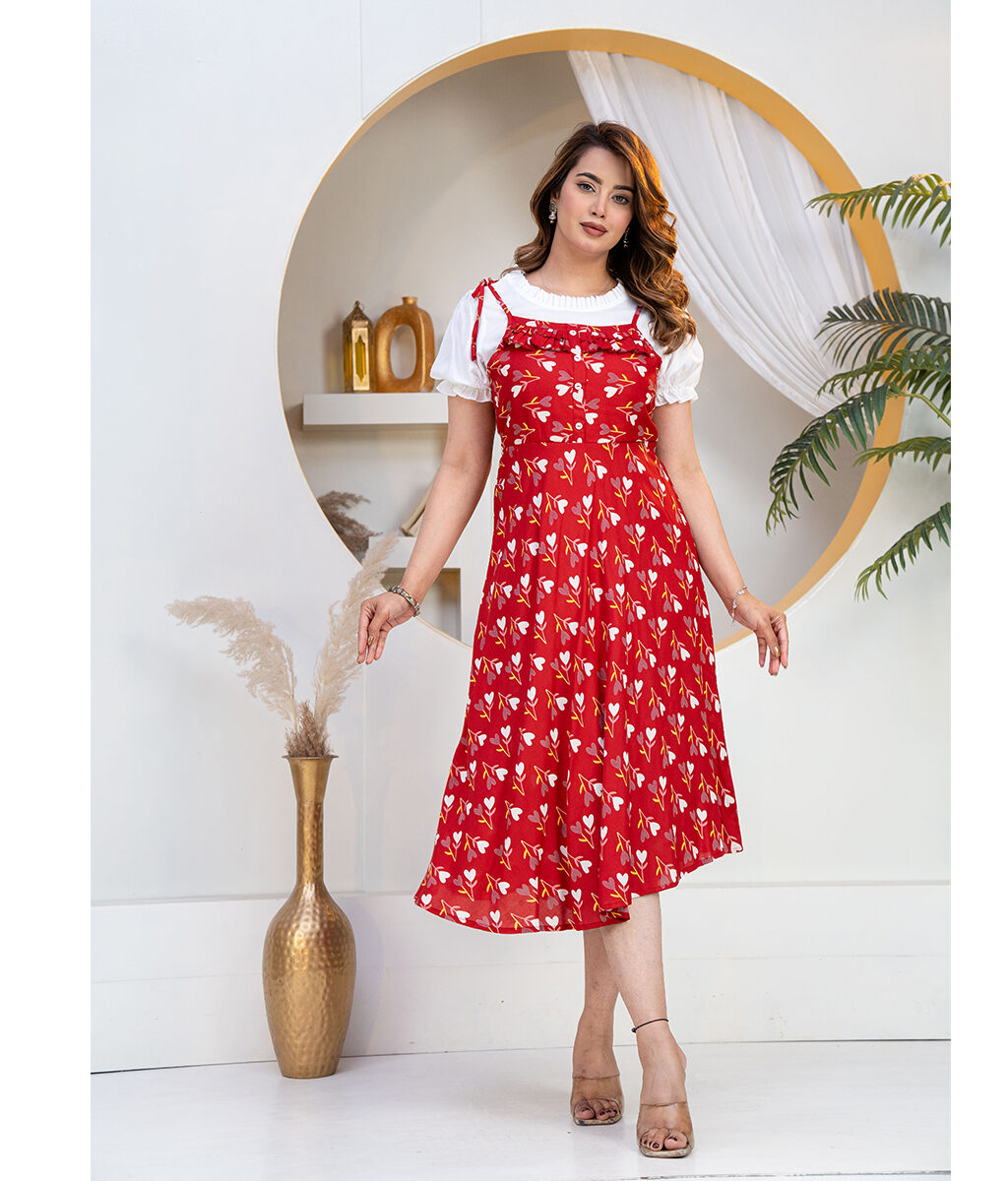 Red Inner Top Printed Dungaree Set Stylish Layered Casual Outfit