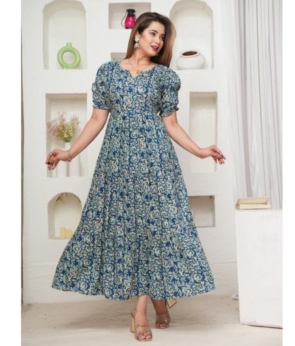 Blue Floral Printing Maternity Gown