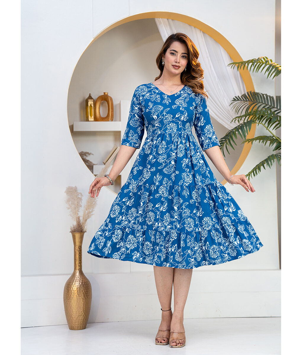 Stylish Blue Printed Western Dress