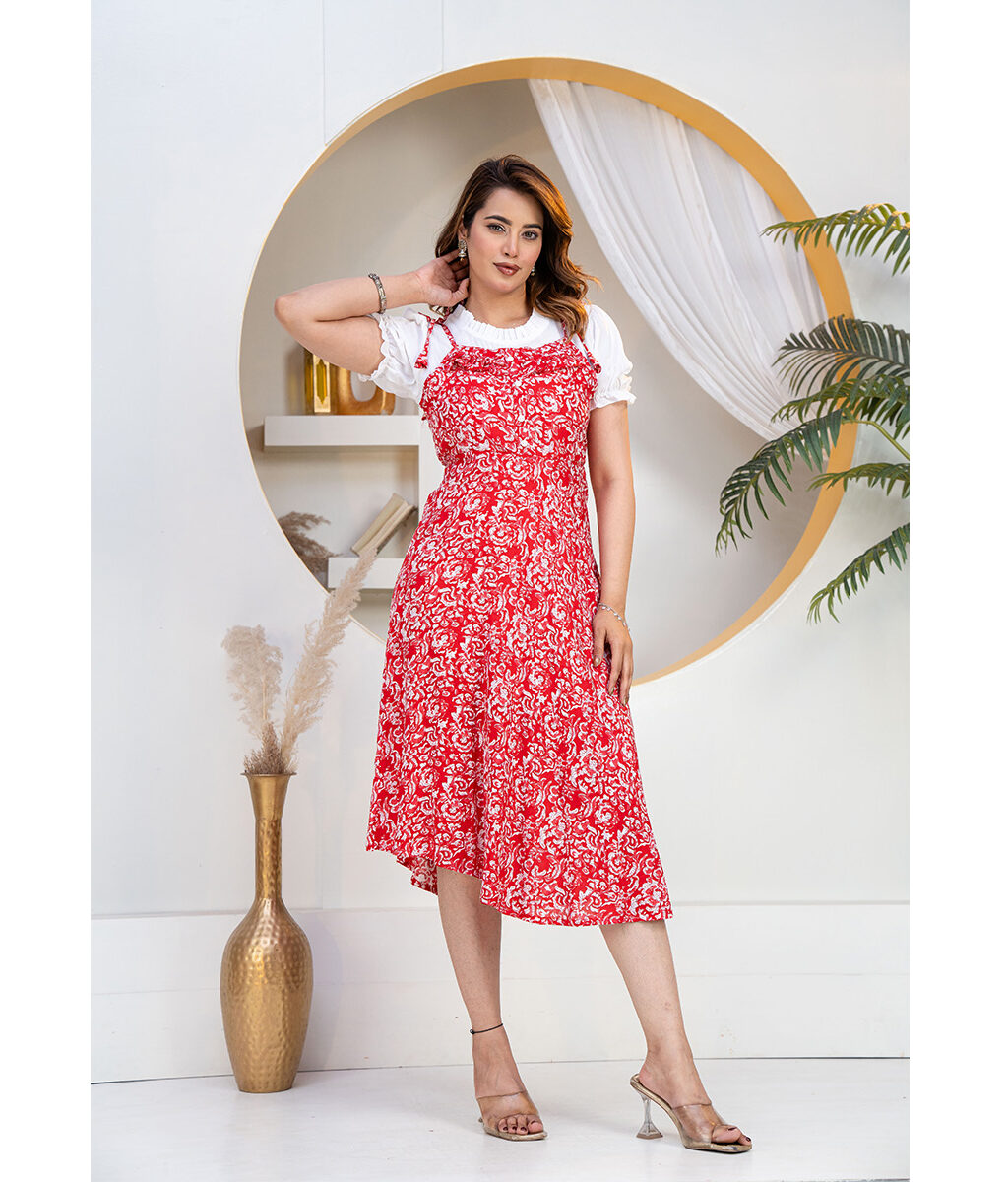 Red Printed Dungaree Dress with White Top
